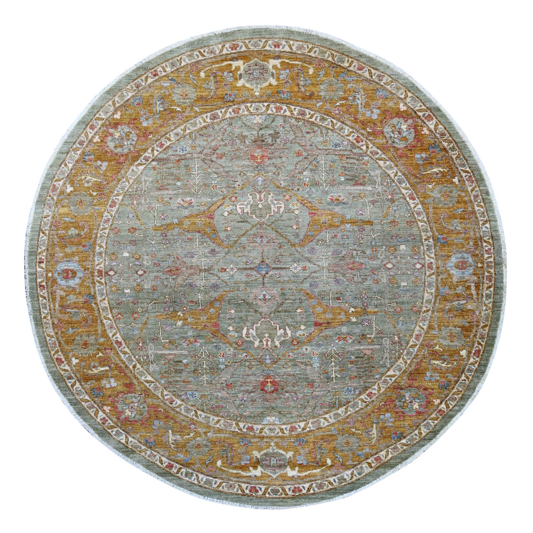 8'x8' Sage Green, Peshawar with Bijar Garus Design, High Mountain Wool, Densely Woven, Hand Knotted, Round, Oriental Rug 